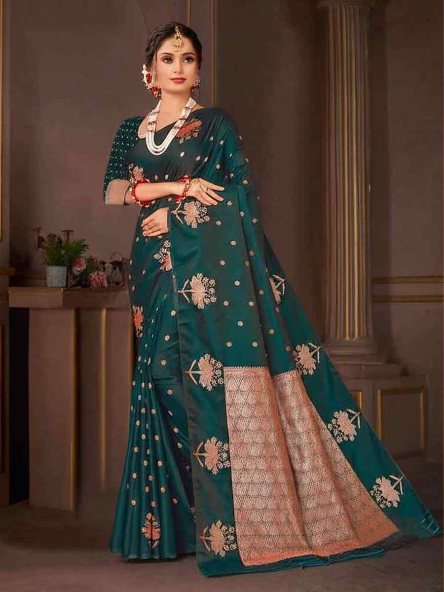 Dark Green Dyed Silk Handwoven Traditional Bridal Reception Festival Wedding Fancy Heavy Border Saree