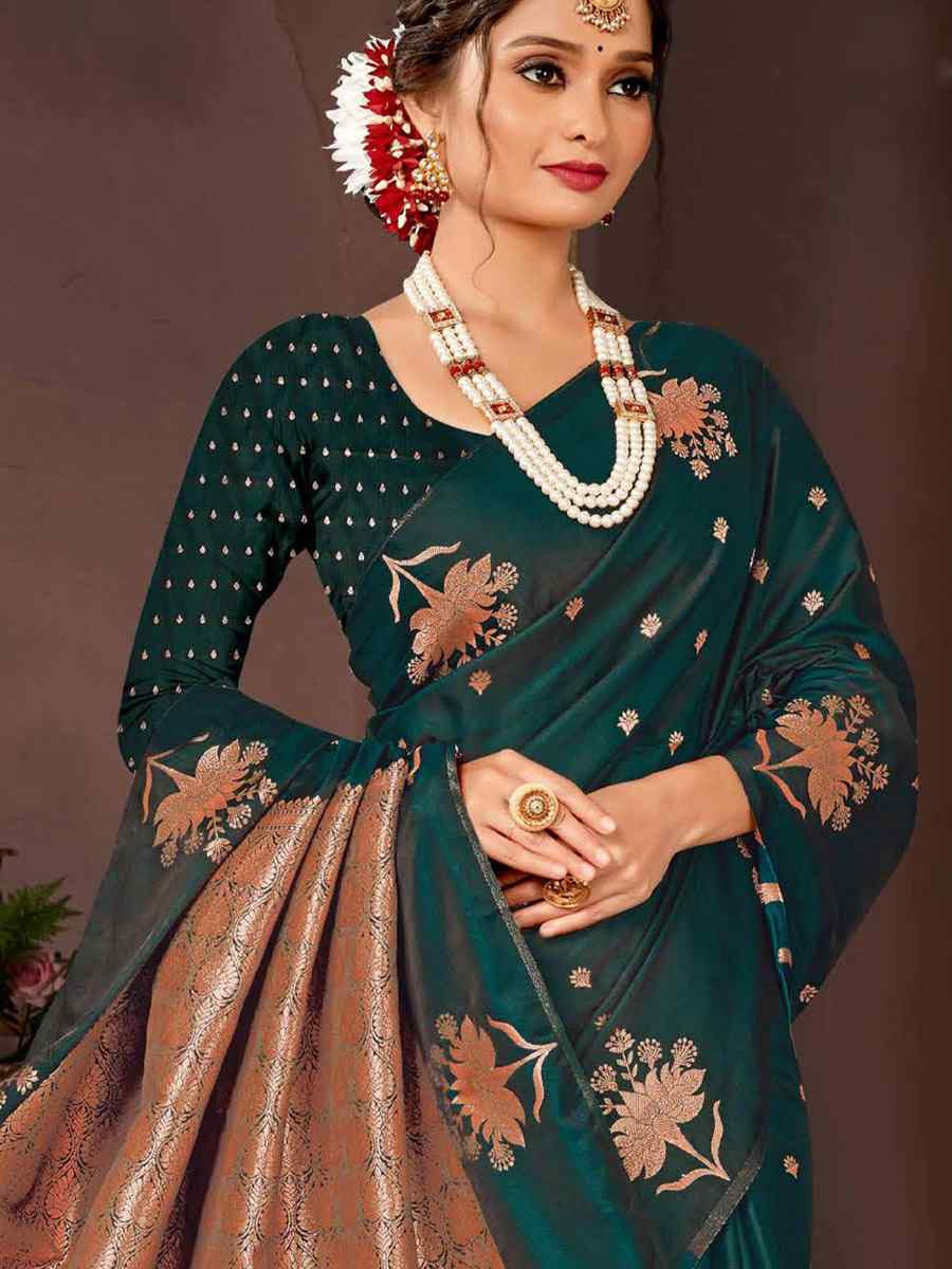 Dark Green Dyed Silk Handwoven Traditional Bridal Reception Festival Wedding Fancy Heavy Border Saree