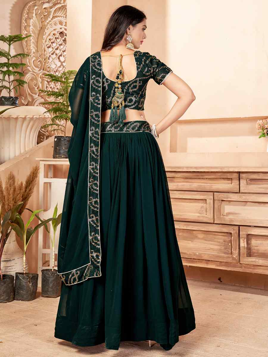 Dark Green Faux Georgette Embroidered Sequins Festival Party Wear Circular Lehenga Choli