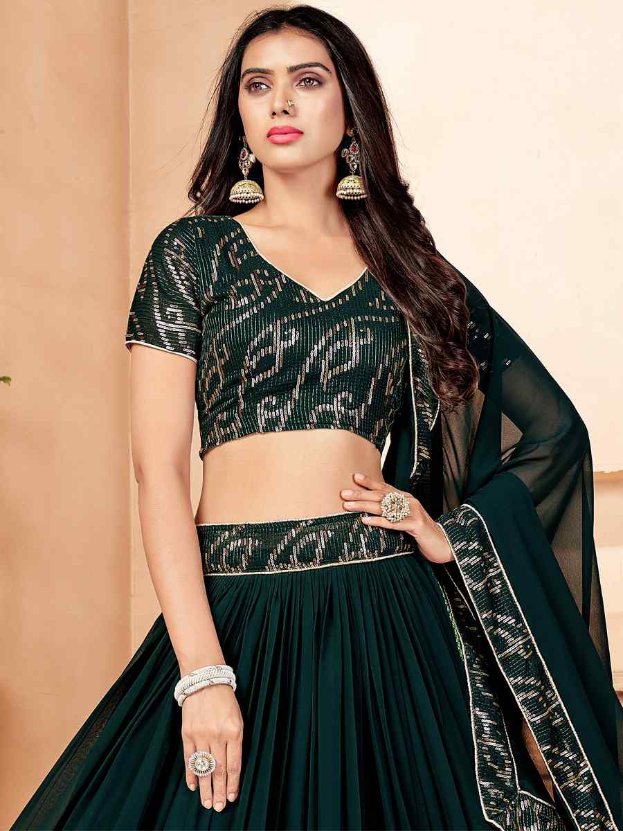 Dark Green Faux Georgette Embroidered Sequins Festival Party Wear Circular Lehenga Choli