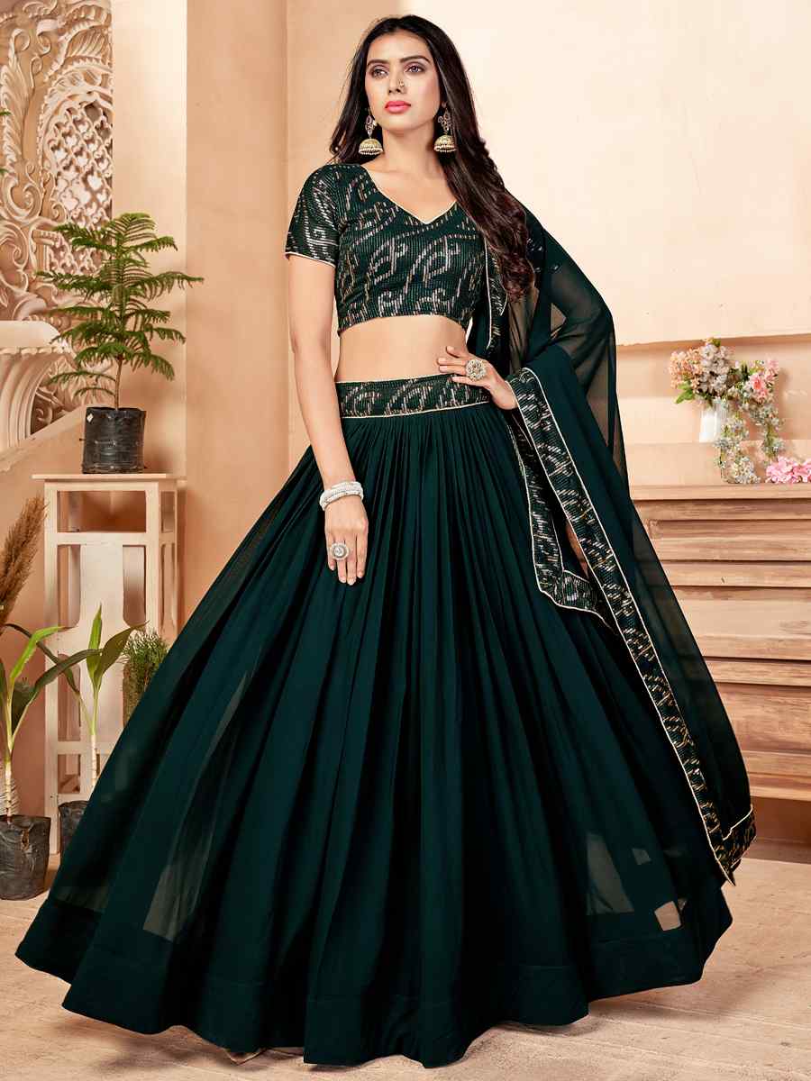 Dark Green Faux Georgette Embroidered Sequins Festival Party Wear Circular Lehenga Choli