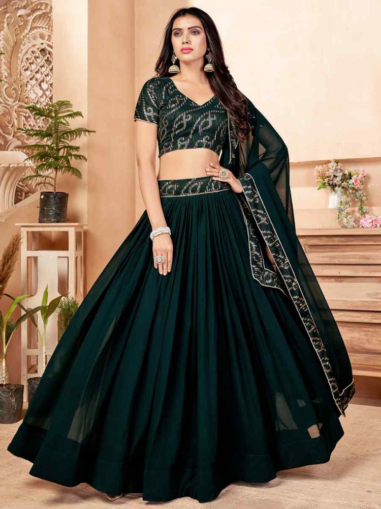 Dark Green Faux Georgette Embroidered Sequins Festival Party Wear Circular Lehenga Choli