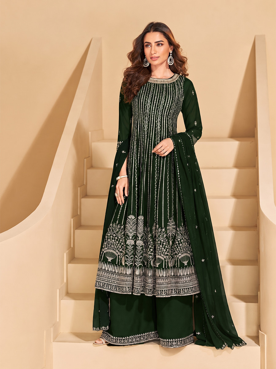 Dark Green Faux Georgette Embroidery Zari Sequins Wedding Party Festival Casual Ready Palazzo Pant Salwar Kameez