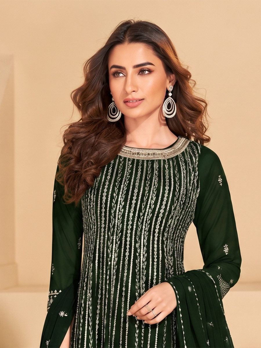 Dark Green Faux Georgette Embroidery Zari Sequins Wedding Party Festival Casual Ready Palazzo Pant Salwar Kameez