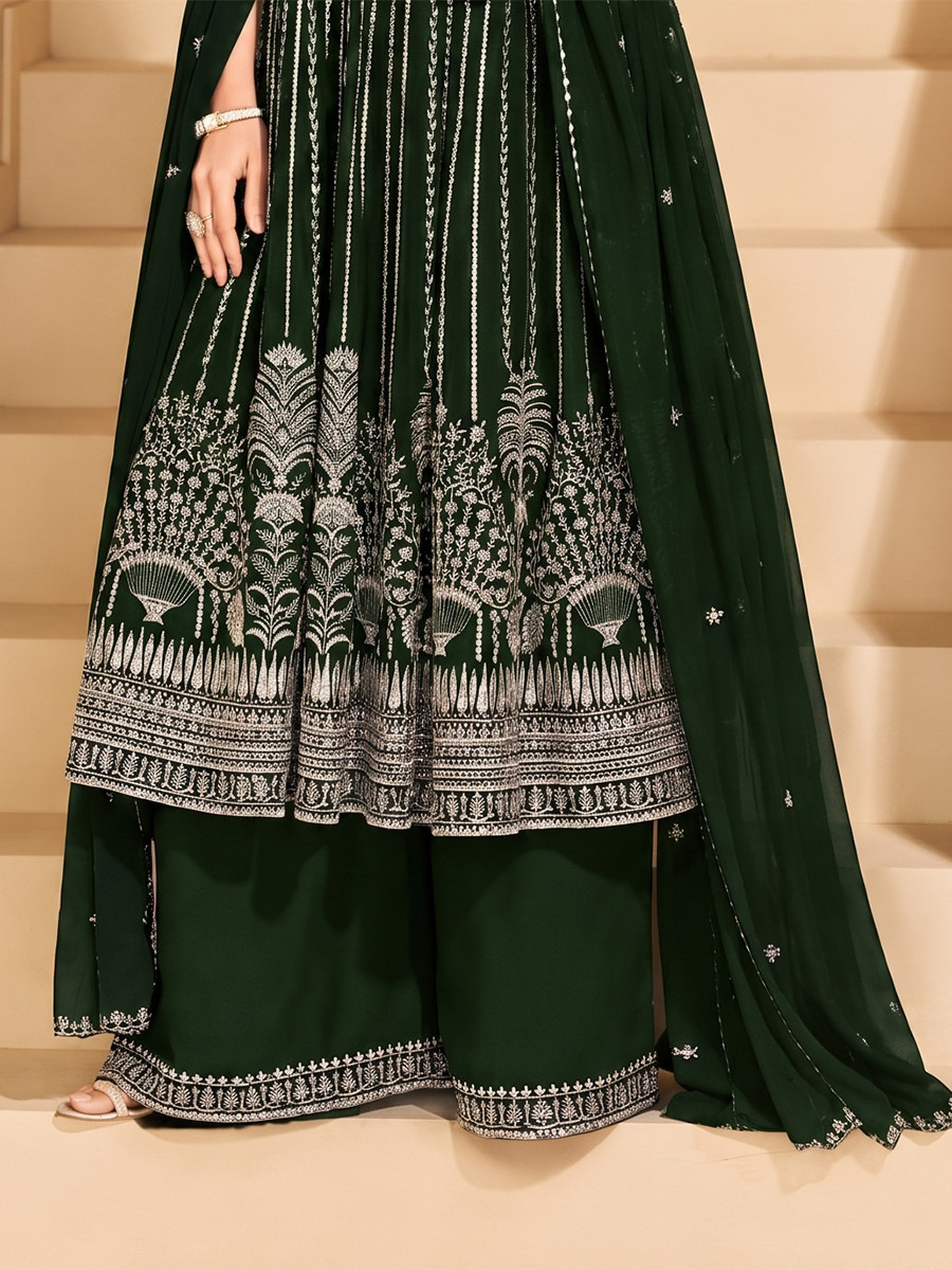 Dark Green Faux Georgette Embroidery Zari Sequins Wedding Party Festival Casual Ready Palazzo Pant Salwar Kameez