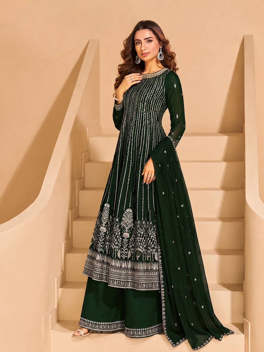 Dark Green Faux Georgette Embroidery Zari Sequins Wedding Party Festival Casual Ready Palazzo Pant Salwar Kameez