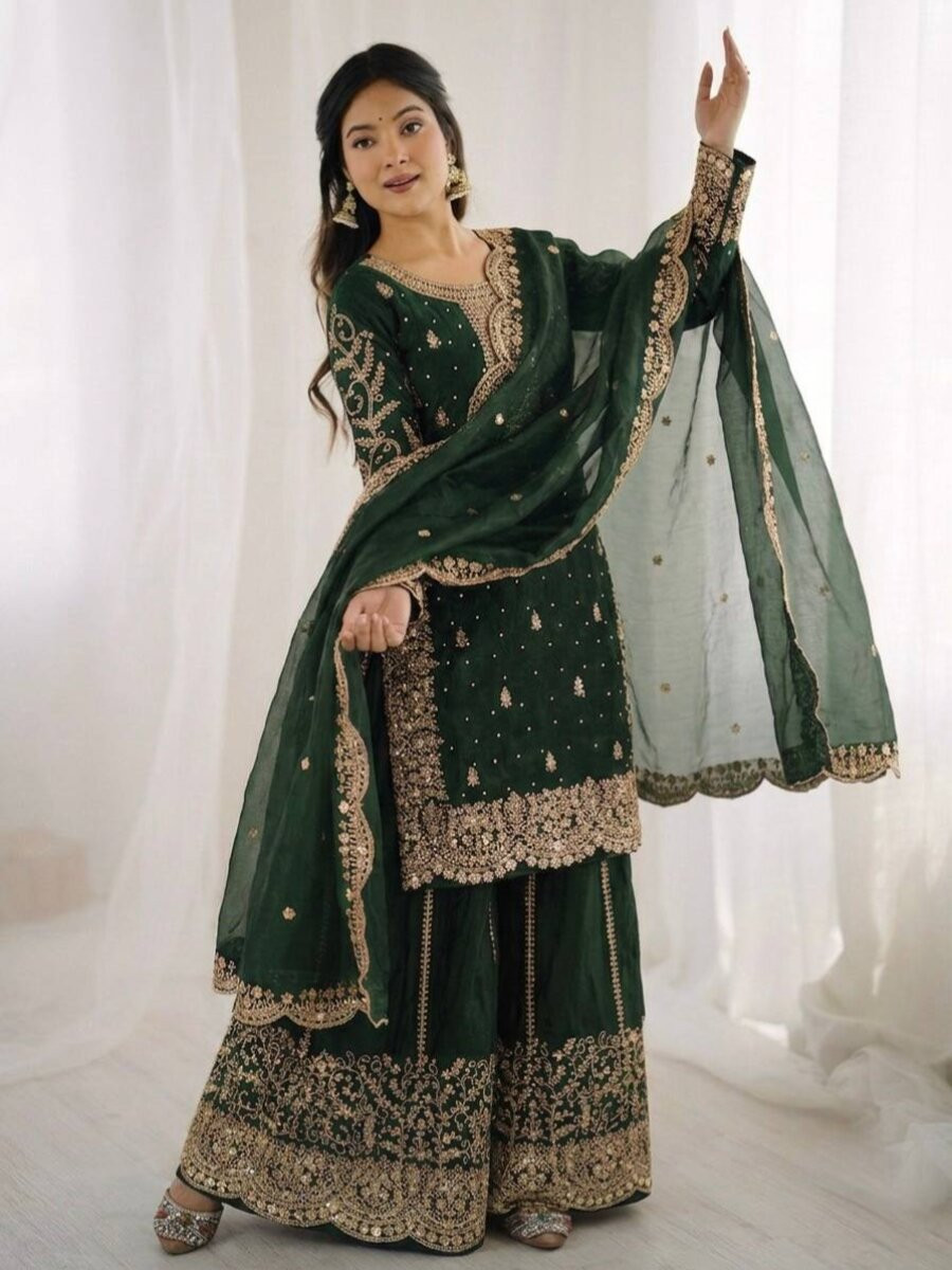 Dark Green Fendy Silk Embroidery Sequins Zari Wedding Party Festival Casual Mehendi Ready Palazzo Pant Salwar Kameez