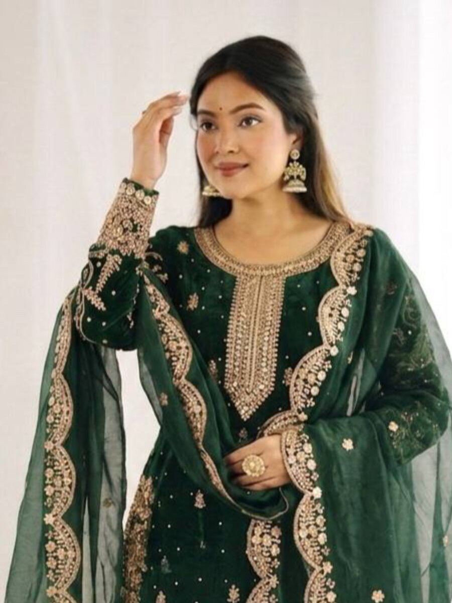 Dark Green Fendy Silk Embroidery Sequins Zari Wedding Party Festival Casual Mehendi Ready Palazzo Pant Salwar Kameez