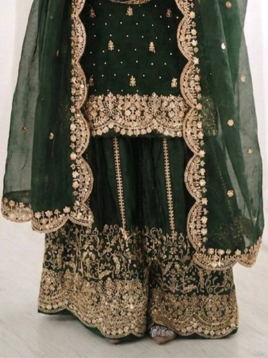 Dark Green Fendy Silk Embroidery Sequins Zari Wedding Party Festival Casual Mehendi Ready Palazzo Pant Salwar Kameez