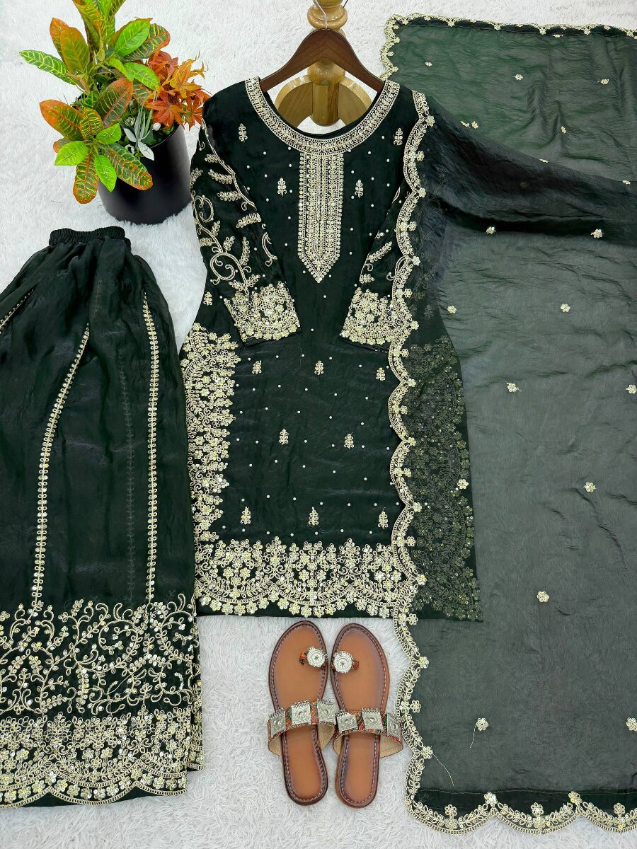 Dark Green Fendy Silk Embroidery Sequins Zari Wedding Party Festival Casual Mehendi Ready Palazzo Pant Salwar Kameez