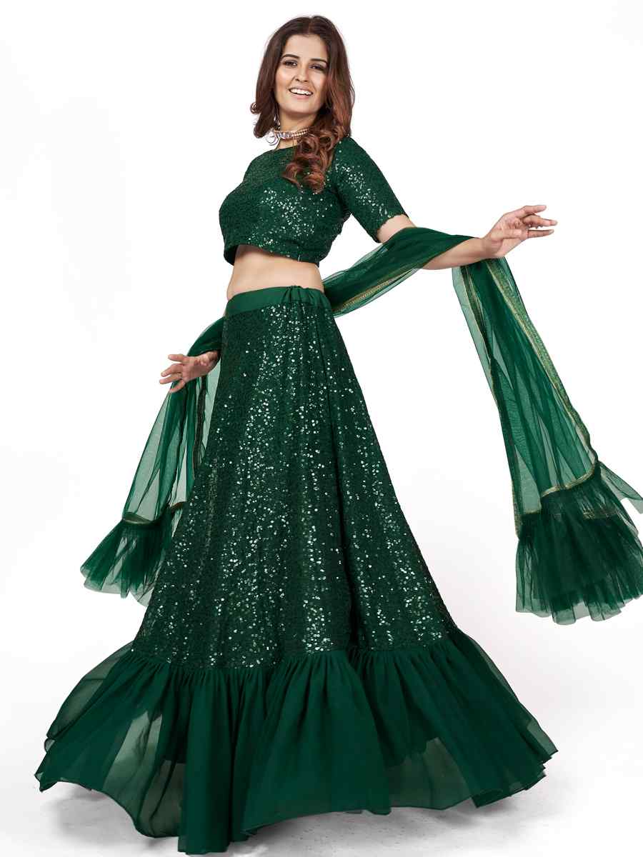 Dark Green Georgette Embroidered Party Wear Festival Circular Lehenga Choli