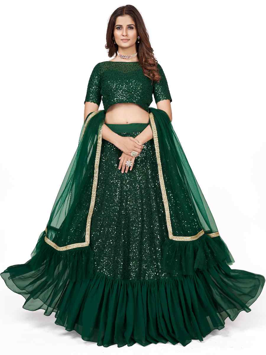 Dark Green Georgette Embroidered Party Wear Festival Circular Lehenga Choli