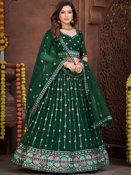 Dark Green Georgette Embroidered Reception Wedding Heavy Border Lehenga Choli