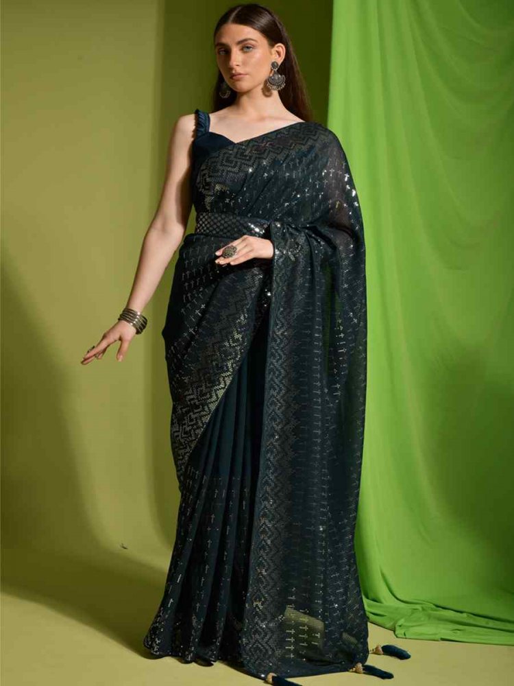 Dark Green Georgette Sequins Party Festival Classic Style Saree