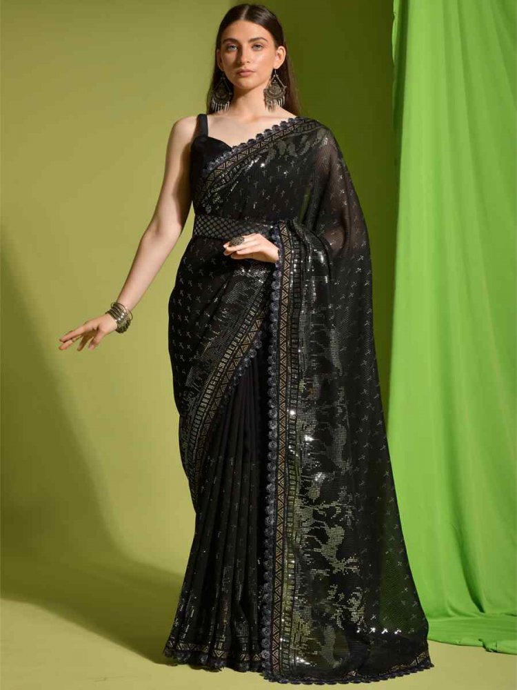 Dark Green Georgette Sequins Party Festival Classic Style Saree