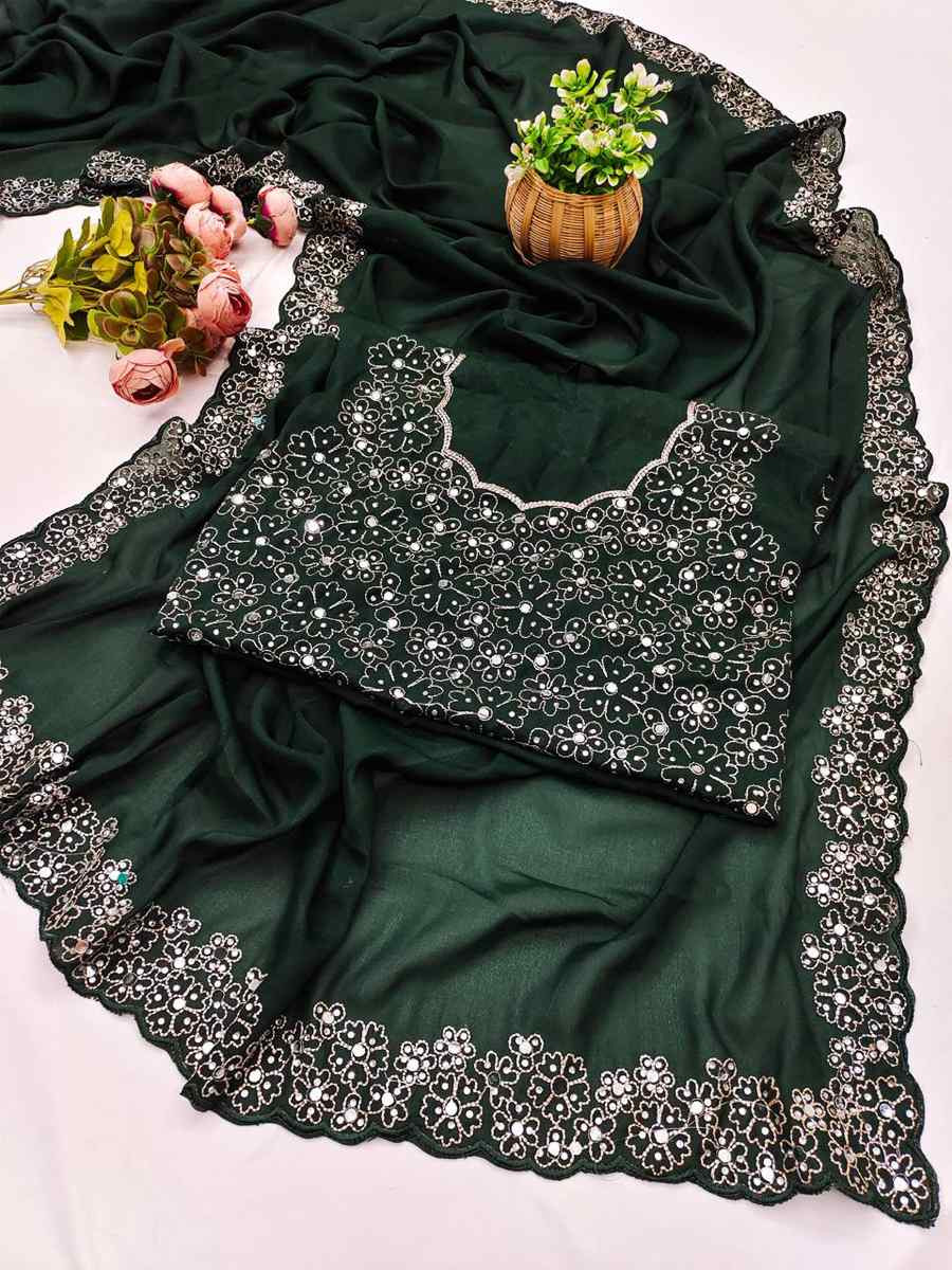 Dark Green Georgette Silk Embroidery Traditional Casual Reception Festival Wedding Fancy Heavy Border Saree