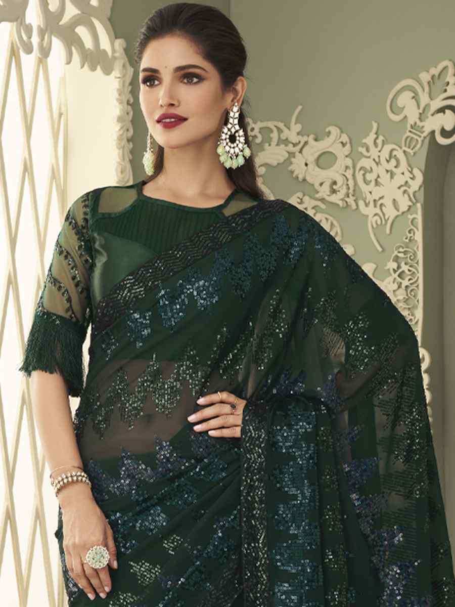 Dark Green Glitter Gerogette Sequins Party Cocktail Classic Style Saree