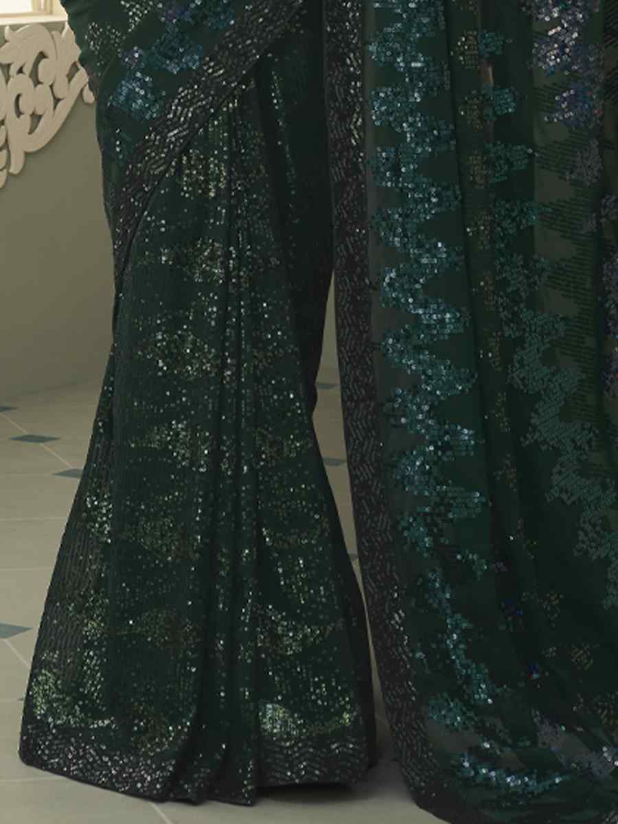 Dark Green Glitter Gerogette Sequins Party Cocktail Classic Style Saree