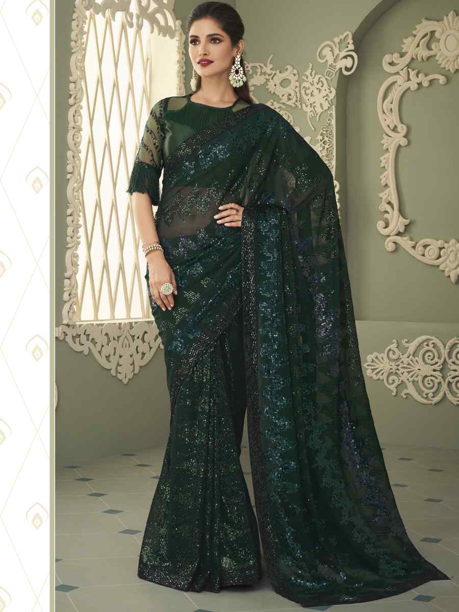 Dark Green Glitter Gerogette Sequins Party Cocktail Classic Style Saree