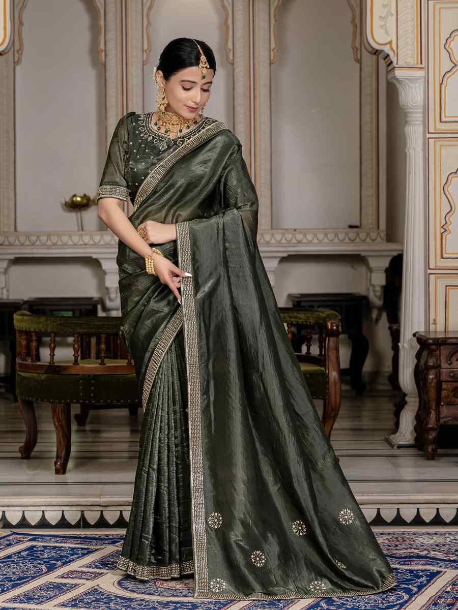 Dark Green Gold Crush Silk Embroidered Festival Wedding Fancy Heavy Border Saree