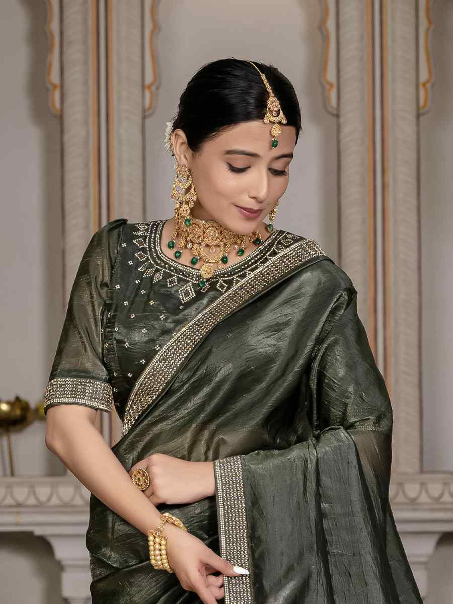 Dark Green Gold Crush Silk Embroidered Festival Wedding Fancy Heavy Border Saree