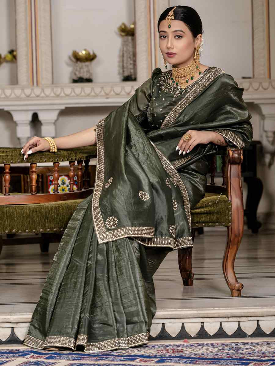 Dark Green Gold Crush Silk Embroidered Festival Wedding Fancy Heavy Border Saree