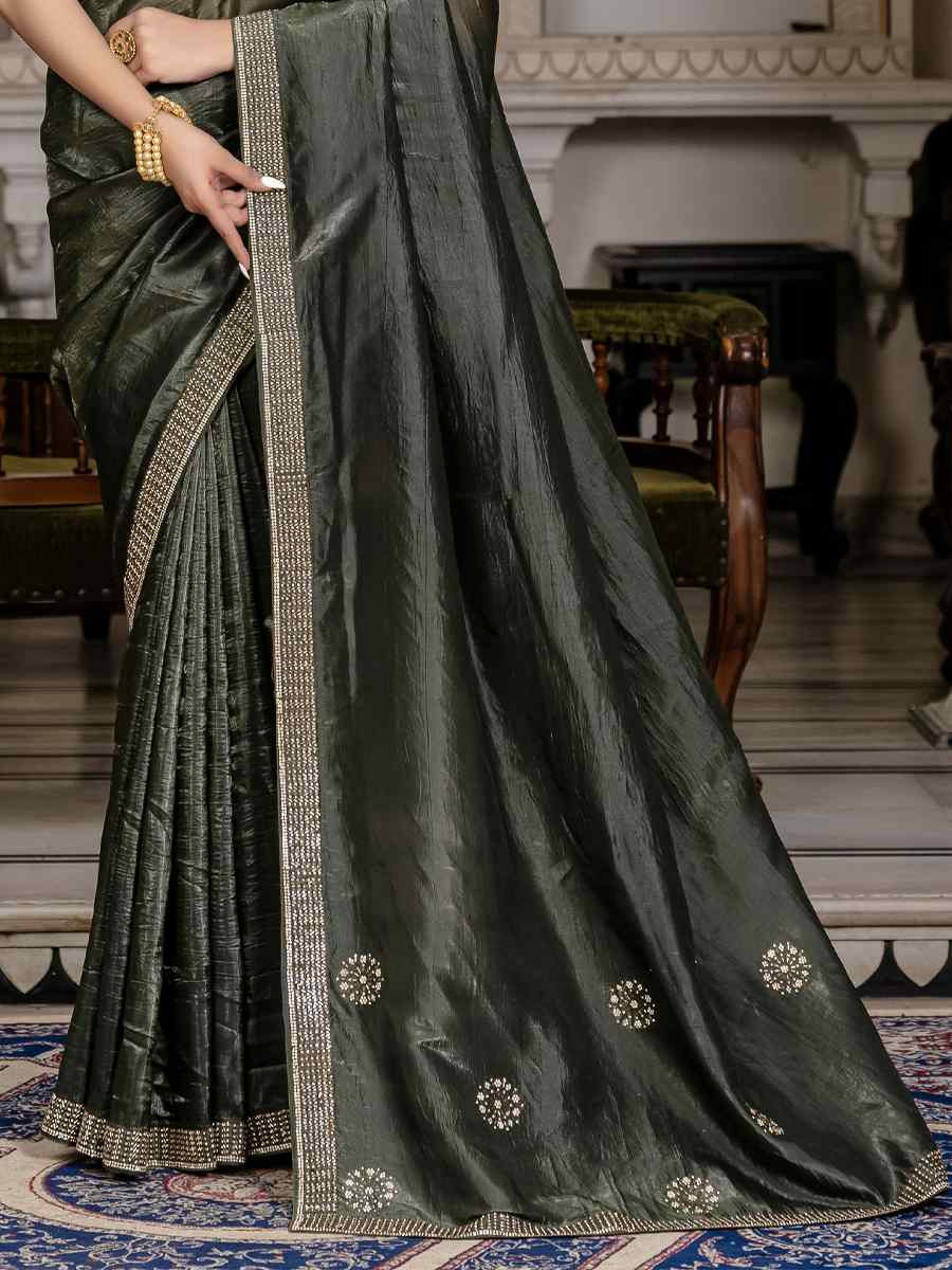 Dark Green Gold Crush Silk Embroidered Festival Wedding Fancy Heavy Border Saree