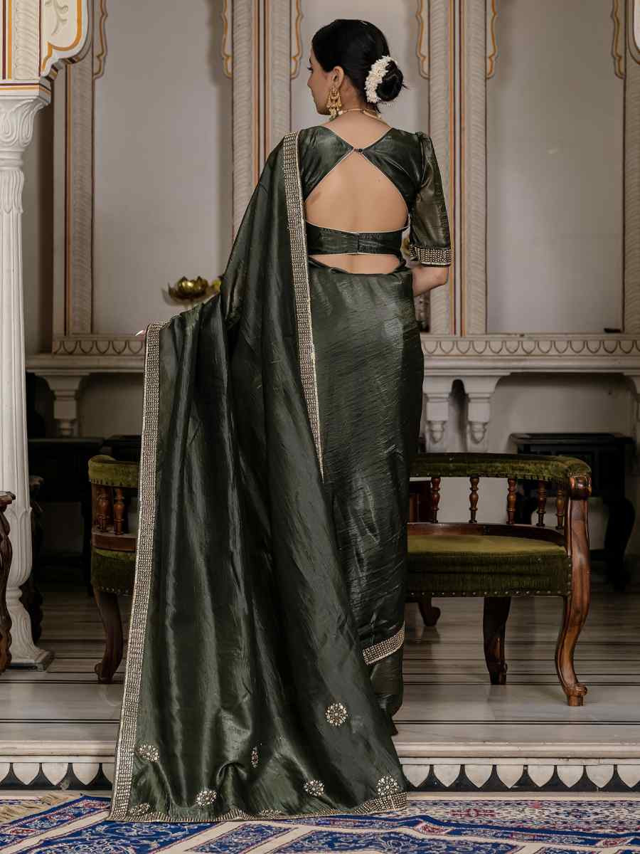 Dark Green Gold Crush Silk Embroidered Festival Wedding Fancy Heavy Border Saree