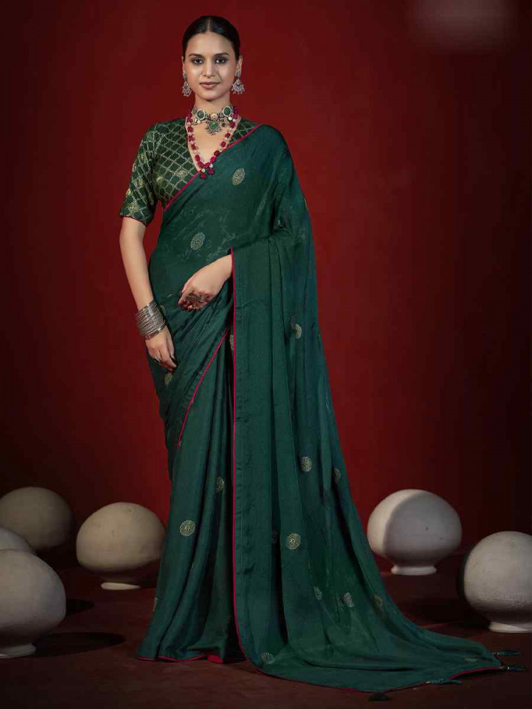 Image of Dark Green Handwoven Traditional Bridal Reception Festival Wedding Fancy Heavy Border Saree
