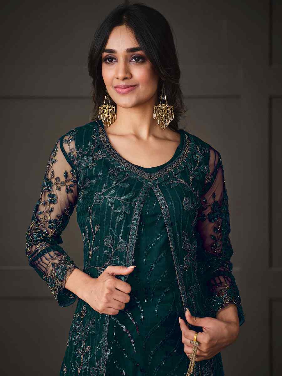 Dark Green Heavy Butterfly Net Embroidered Party Wedding Lawn Pant Salwar Kameez