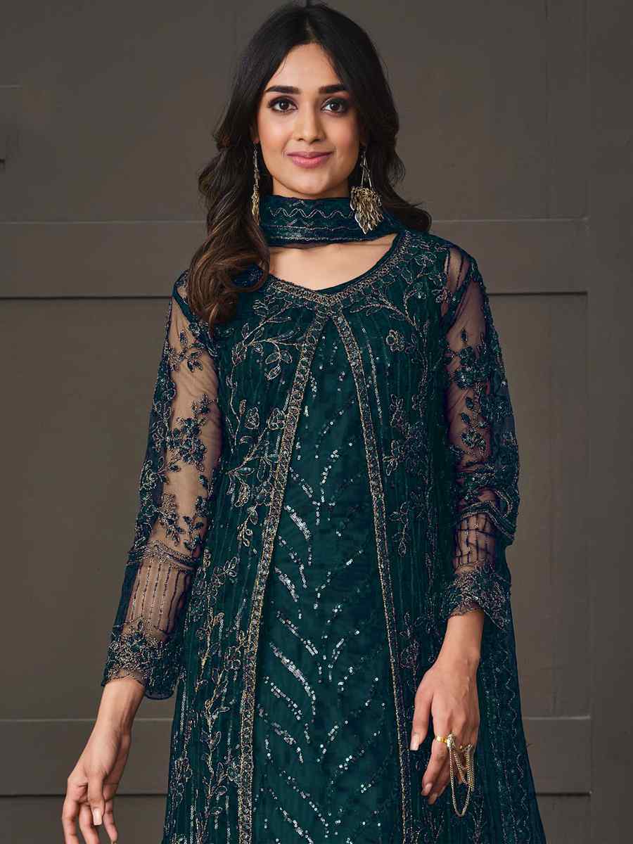 Dark Green Heavy Butterfly Net Embroidered Party Wedding Lawn Pant Salwar Kameez