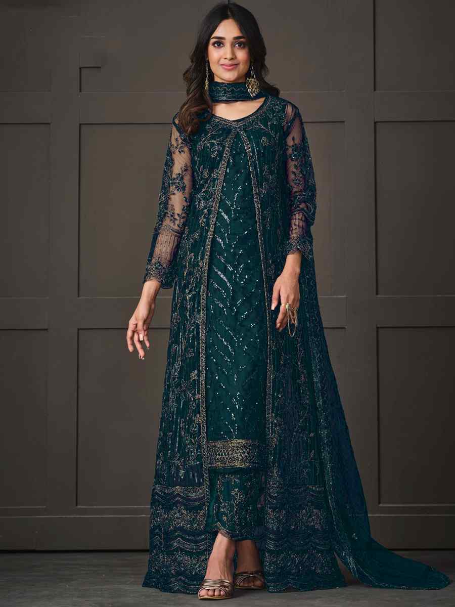 Dark Green Heavy Butterfly Net Embroidered Party Wedding Lawn Pant Salwar Kameez