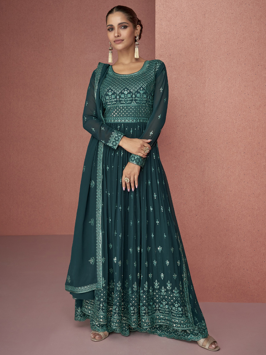 Dark Green Heavy Faux Georgette  Embroidered Festival Party Anarkali Salwar Kameez