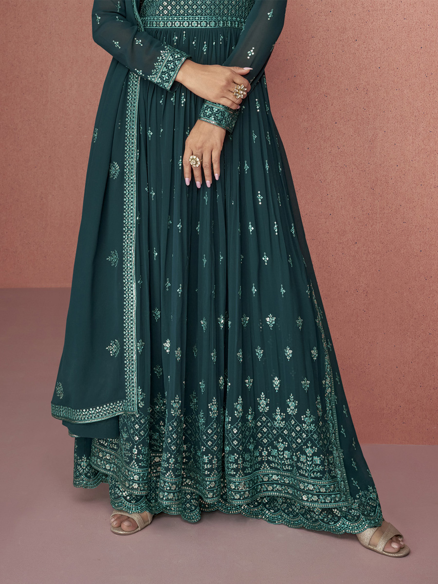 Dark Green Heavy Faux Georgette  Embroidered Festival Party Anarkali Salwar Kameez