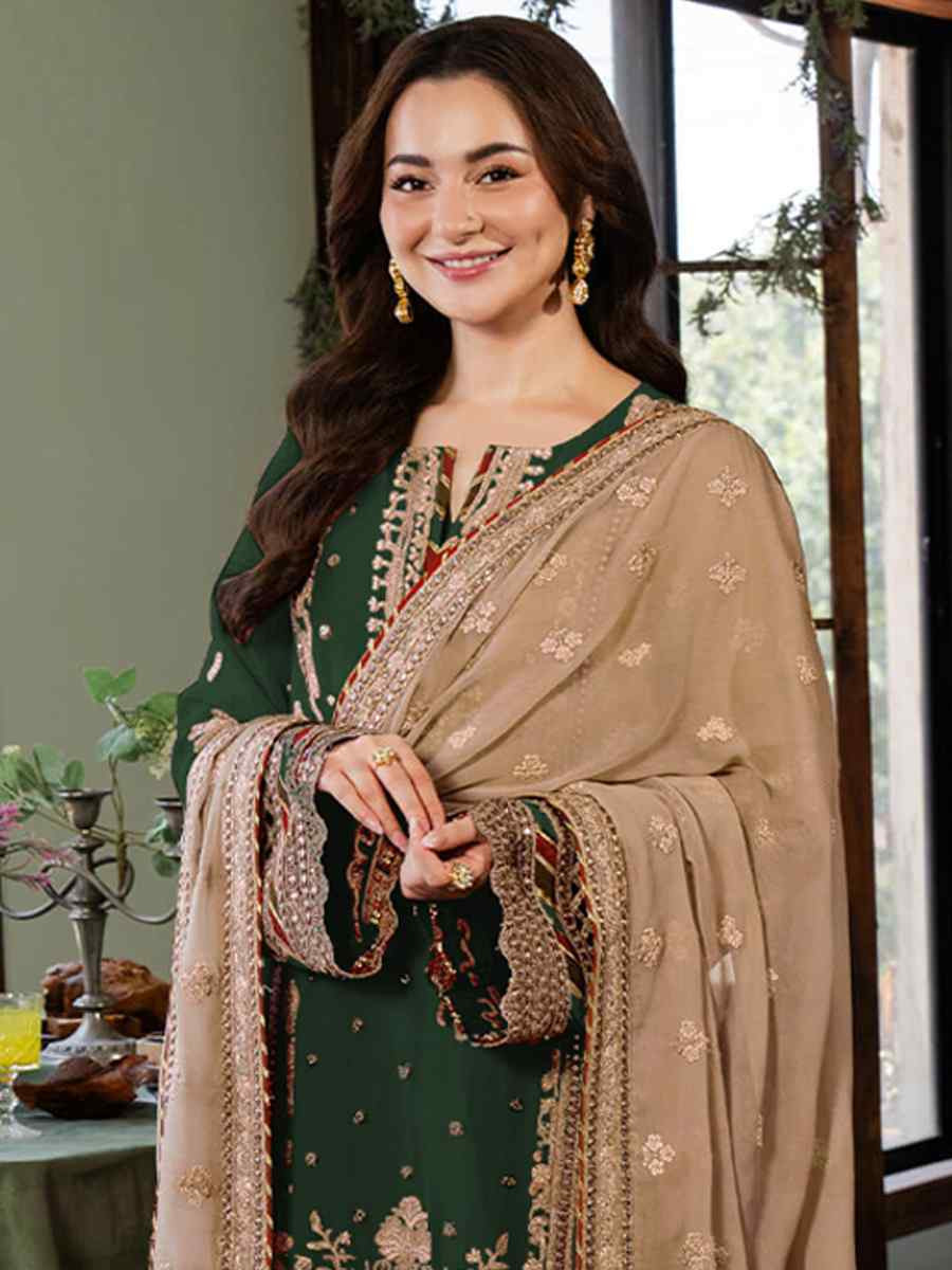 Dark Green Heavy Faux Georgette Embroidered Festival Wedding Palazzo Pant Salwar Kameez