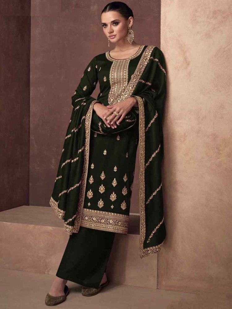 Dark Green Heavy Premium Silk Embroidered Festival Mehendi Pant Salwar Kameez