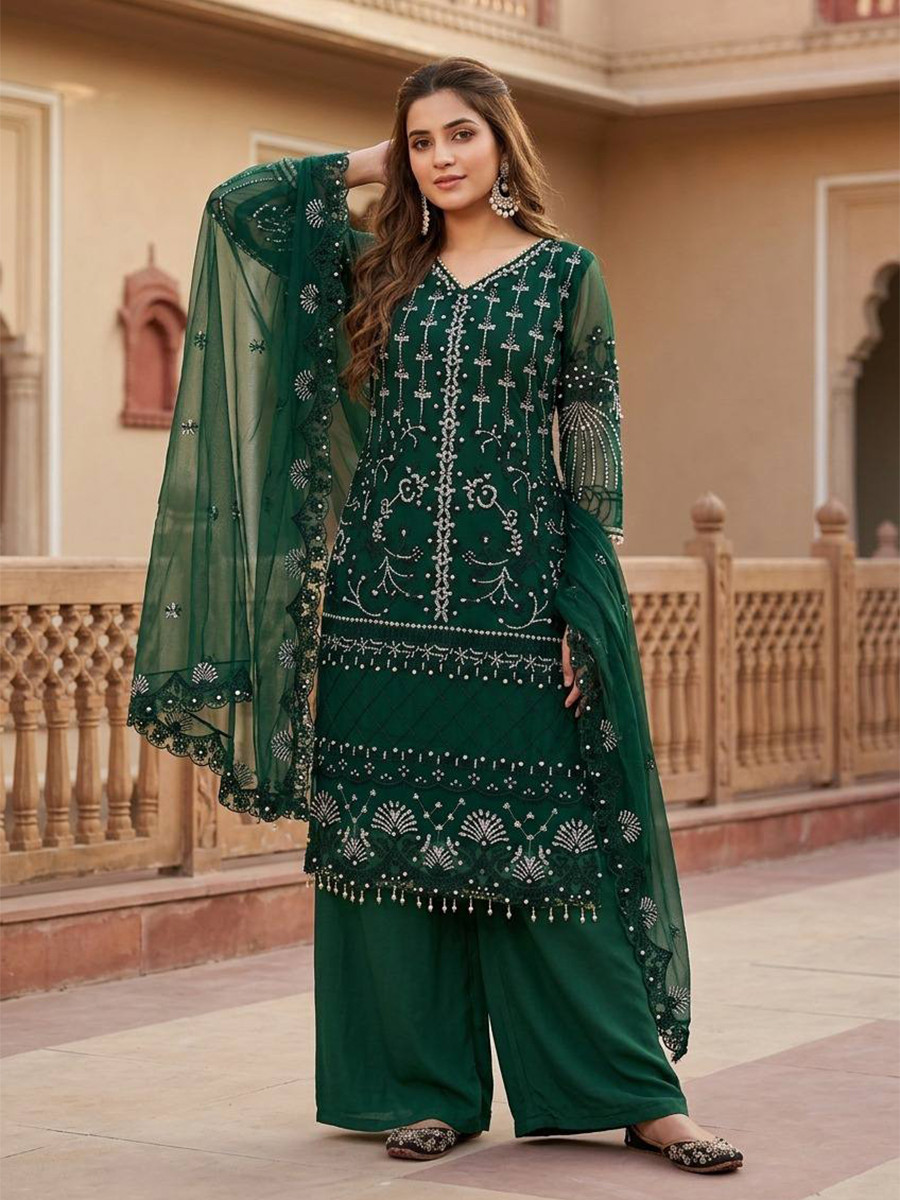 Dark Green Heavy Soft Net Embroidery Sequins Beads Party Wedding Festival Casual Ready Palazzo Pant Salwar Kameez