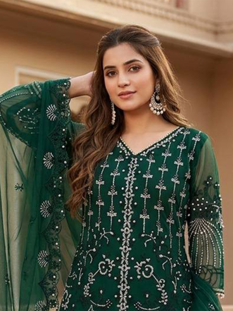 Dark Green Heavy Soft Net Embroidery Sequins Beads Party Wedding Festival Casual Ready Palazzo Pant Salwar Kameez