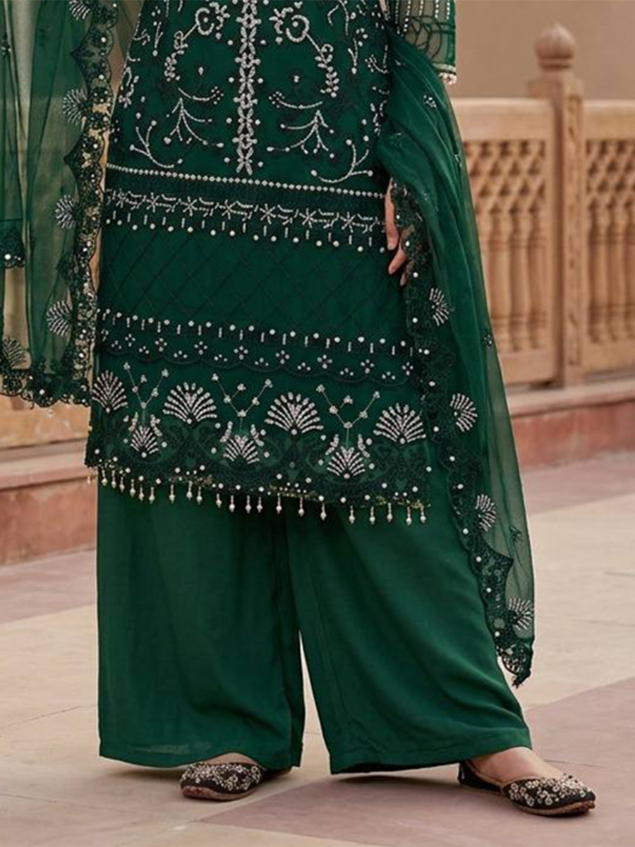 Dark Green Heavy Soft Net Embroidery Sequins Beads Party Wedding Festival Casual Ready Palazzo Pant Salwar Kameez