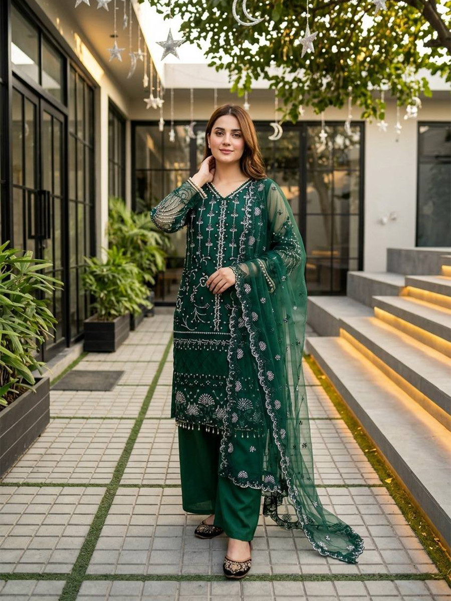 Dark Green Heavy Soft Net Embroidery Sequins Beads Party Wedding Festival Casual Ready Palazzo Pant Salwar Kameez
