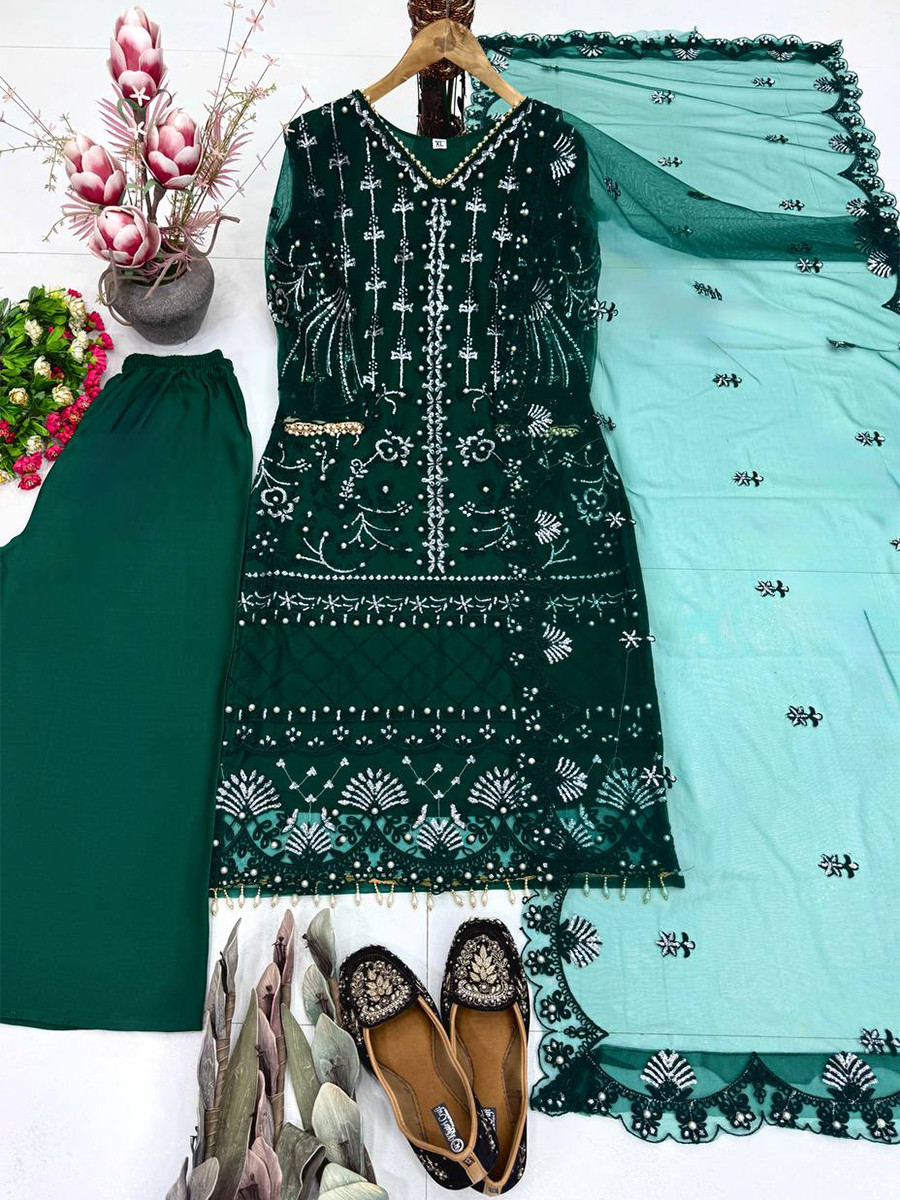 Dark Green Heavy Soft Net Embroidery Sequins Beads Party Wedding Festival Casual Ready Palazzo Pant Salwar Kameez