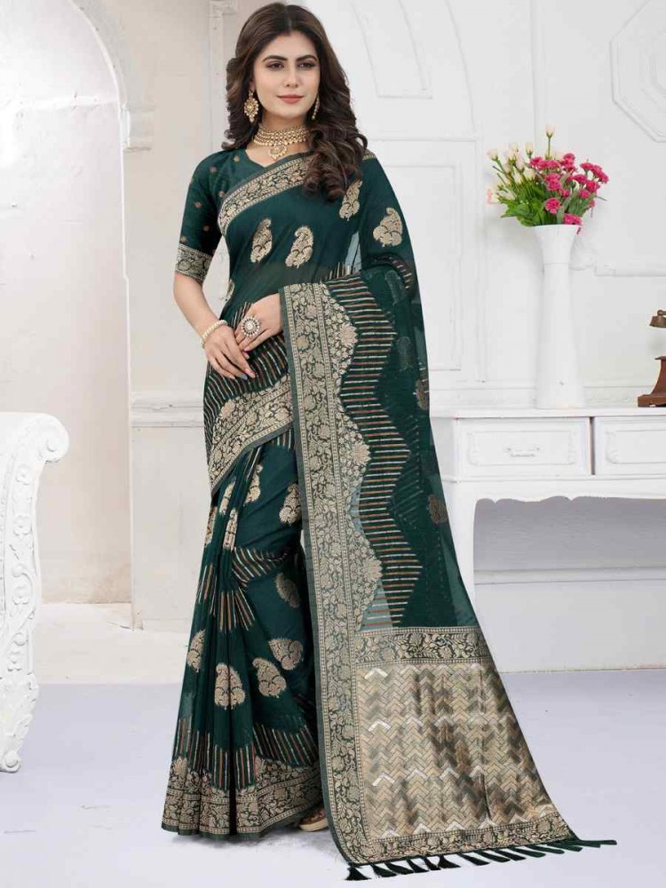 Dark Green Heavy Viscose Organza Handwoven Wedding Festival Heavy Border Saree