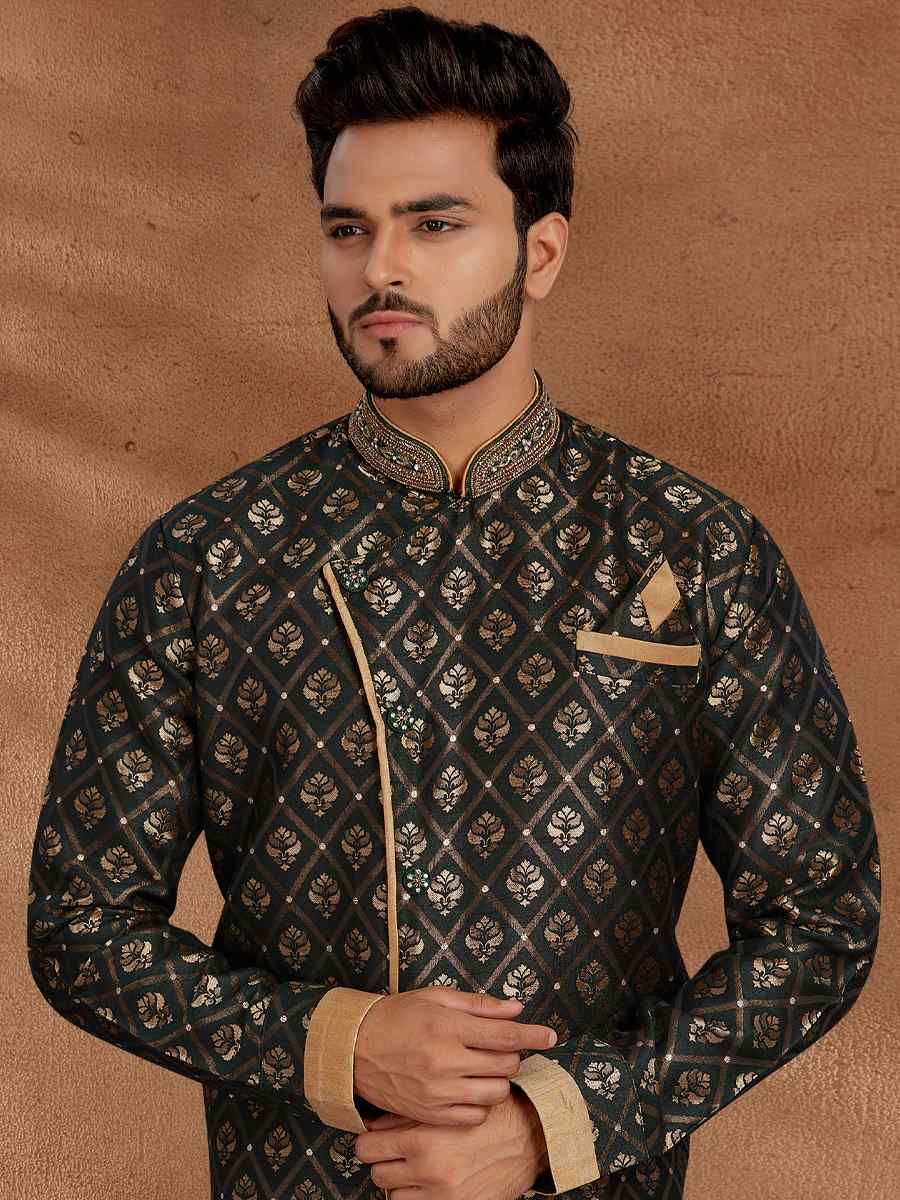 Dark Green Jacquard Woven Party Wedding Kurta