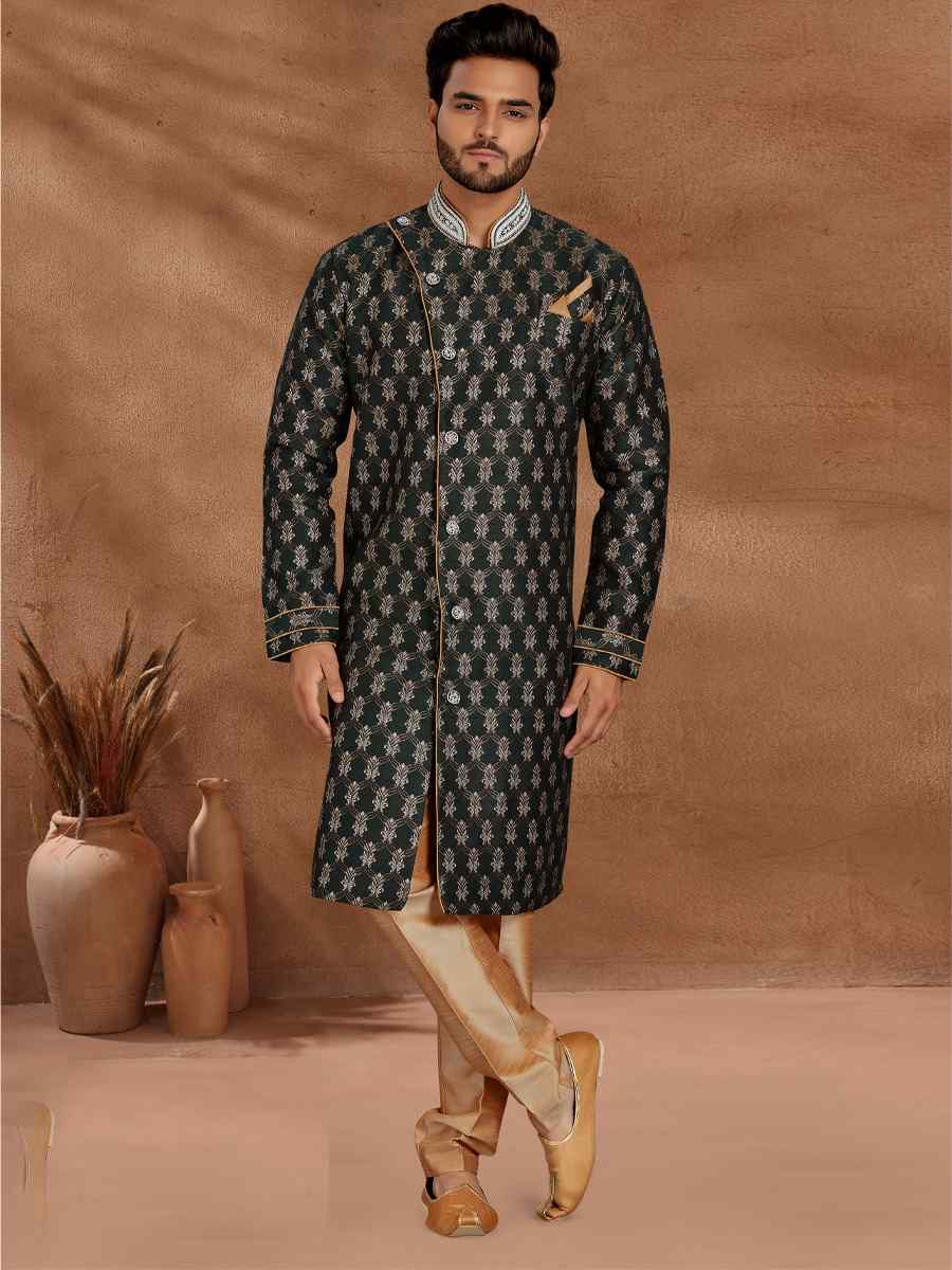 Dark Green Jacquard Woven Party Wedding Kurta