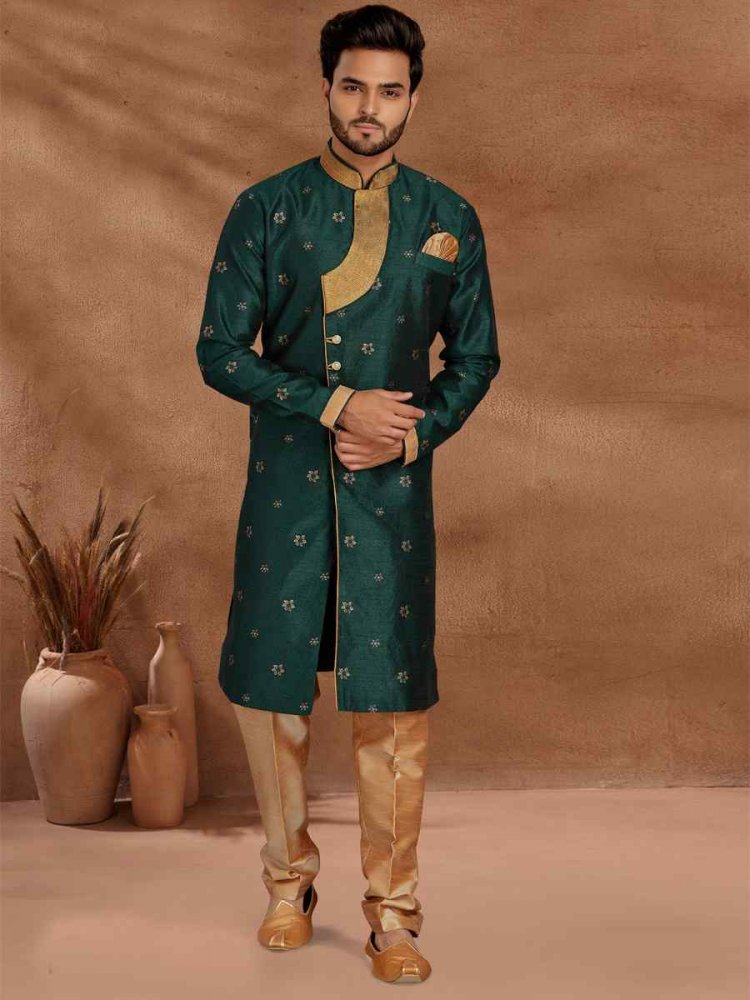 Dark Green Jacquard Woven Party Wedding Kurta