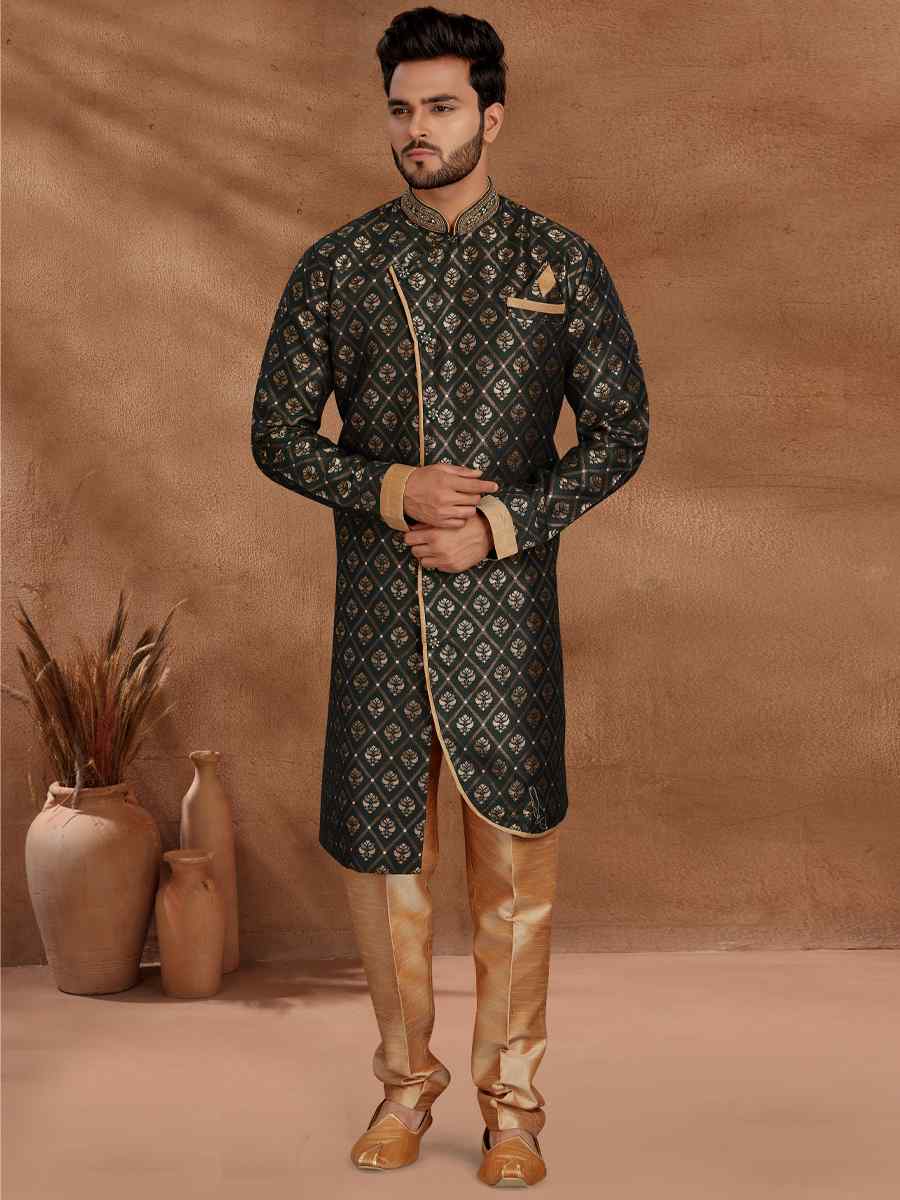 Dark Green Jacquard Woven Party Wedding Kurta