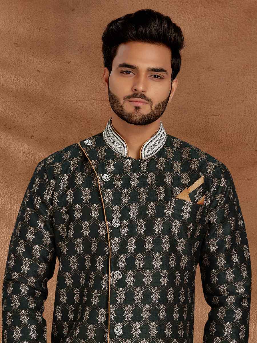 Dark Green Jacquard Woven Party Wedding Kurta