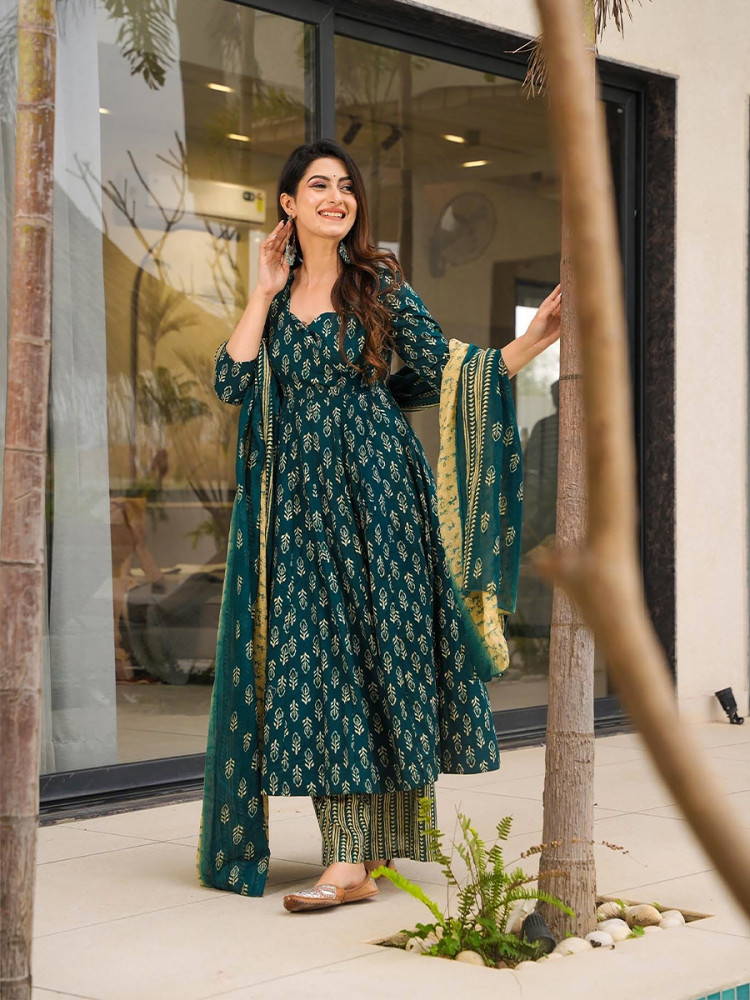 Image of Dark Green Maslin Printed Floral Wedding Party Festival Ready Anarkali Palazzo Pant Salwar Kameez
