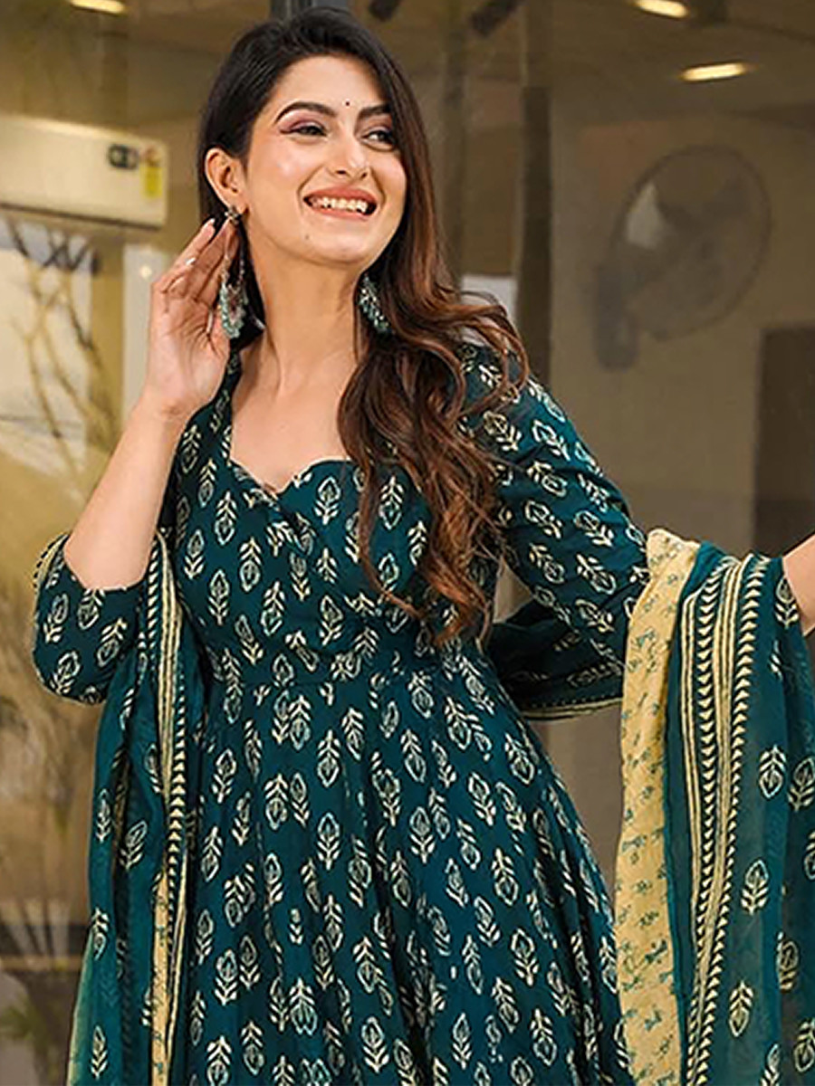 Dark Green Maslin Printed Floral Wedding Party Festival Ready Anarkali Palazzo Pant Salwar Kameez