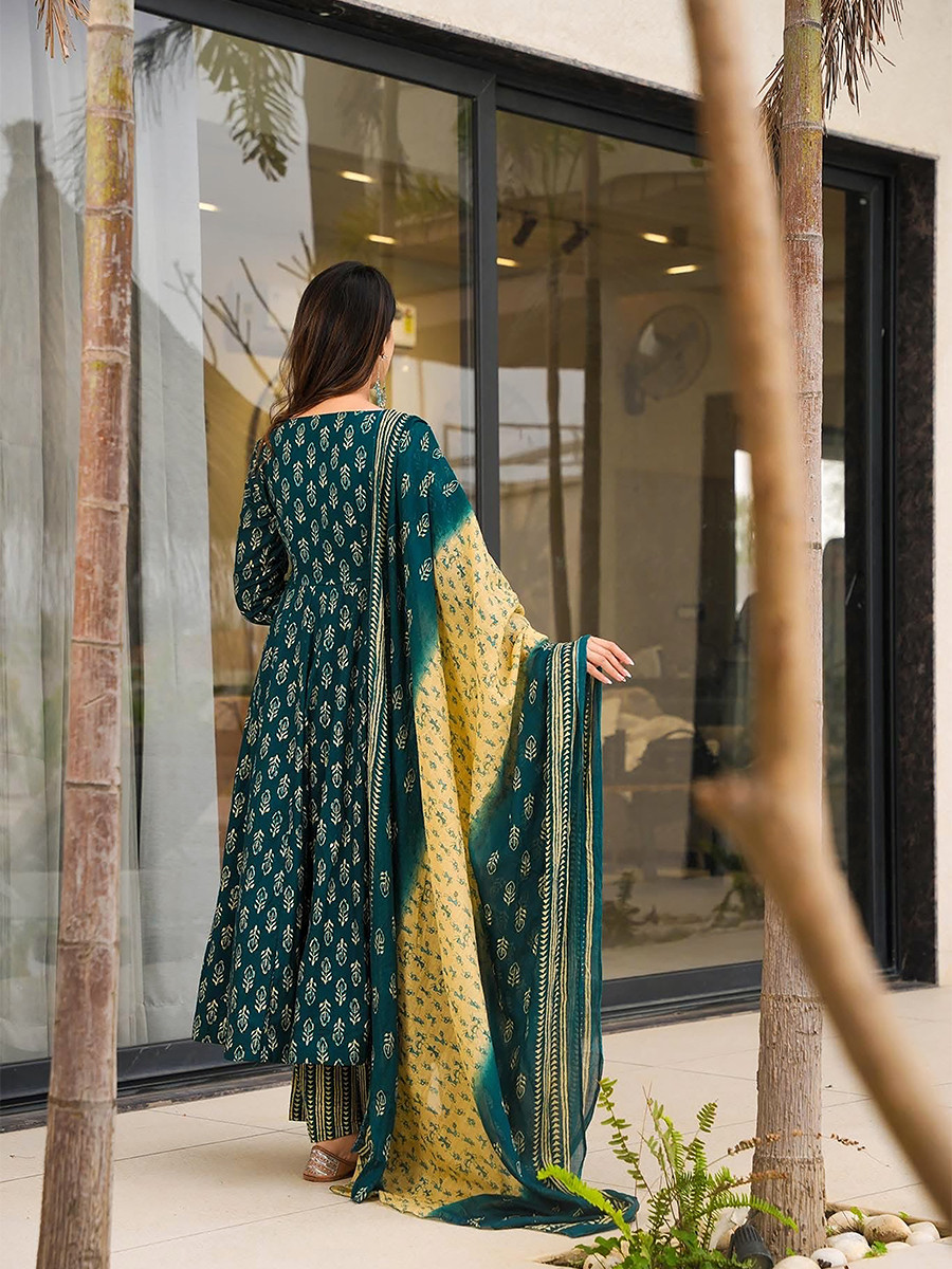 Dark Green Maslin Printed Floral Wedding Party Festival Ready Anarkali Palazzo Pant Salwar Kameez